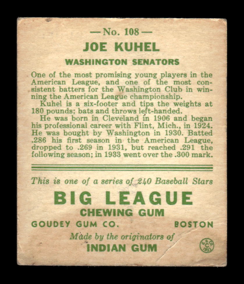 1933 Goudey (R319) #108 Joe Kuhel Washington Senators Poor CS26017519