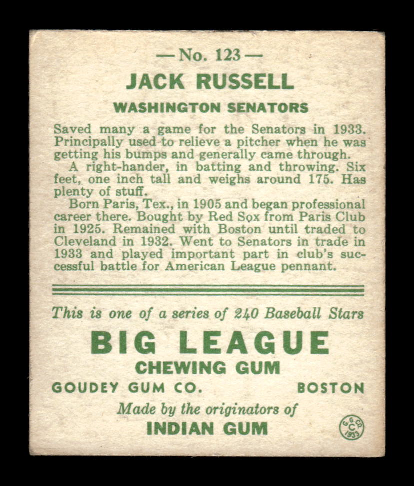 1933 Goudey (R319) #123 Jack Russell Washington Senators LOW GRADE CS26017520