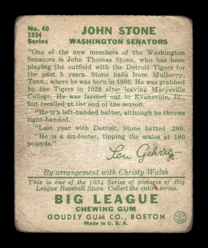 1934 Goudey (R320) #40 John Stone Washington Senators LOW GRADE CS26017525