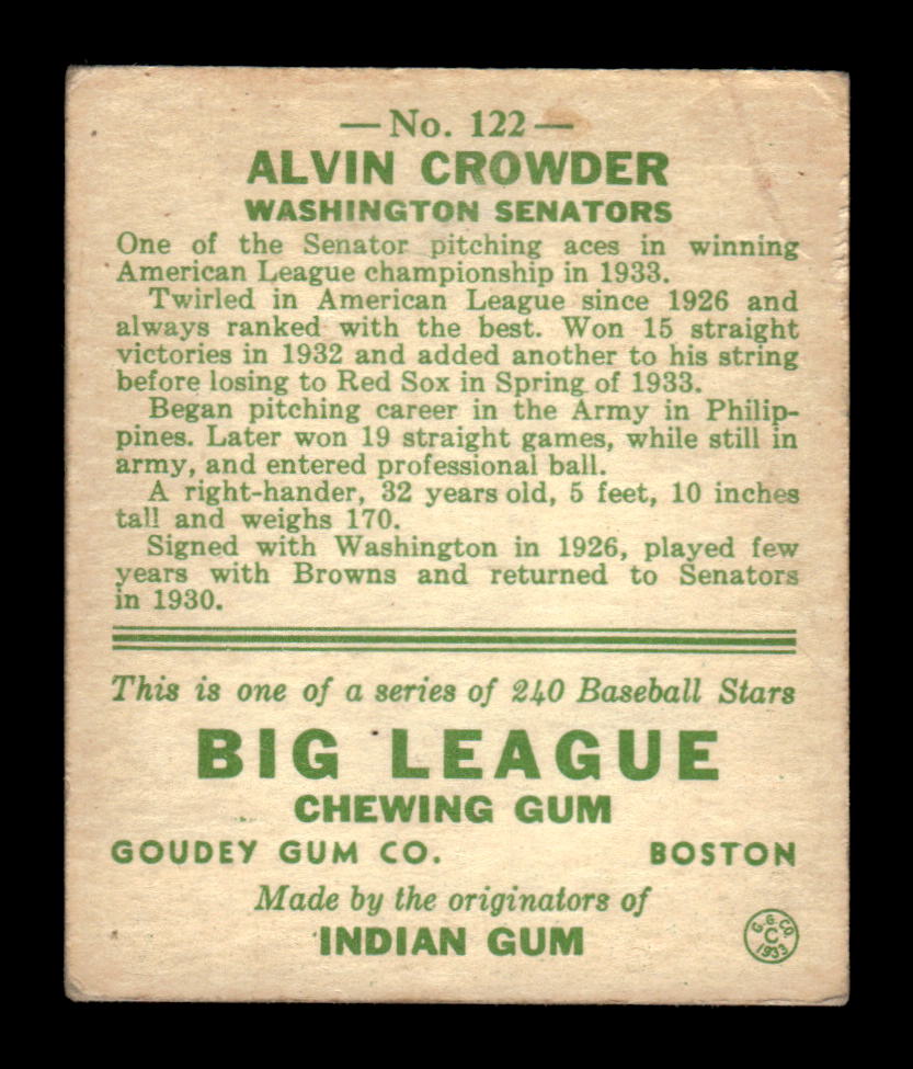 1933 Goudey (R319) #122 Alvin Crowder Washington Senators LOW GRADE CS26017528