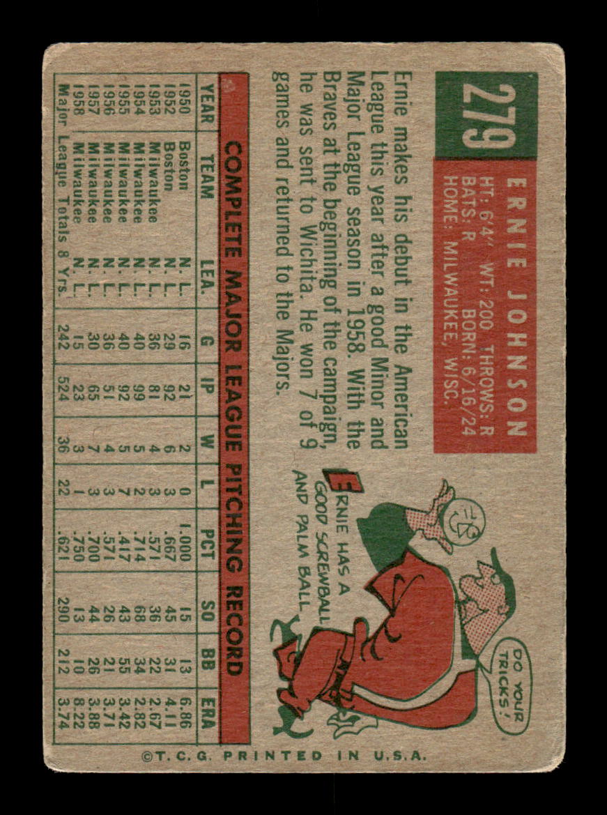 1959 Topps #279 Ernie Johnson Baltimore Orioles SIGNED ON CARD CS26017633