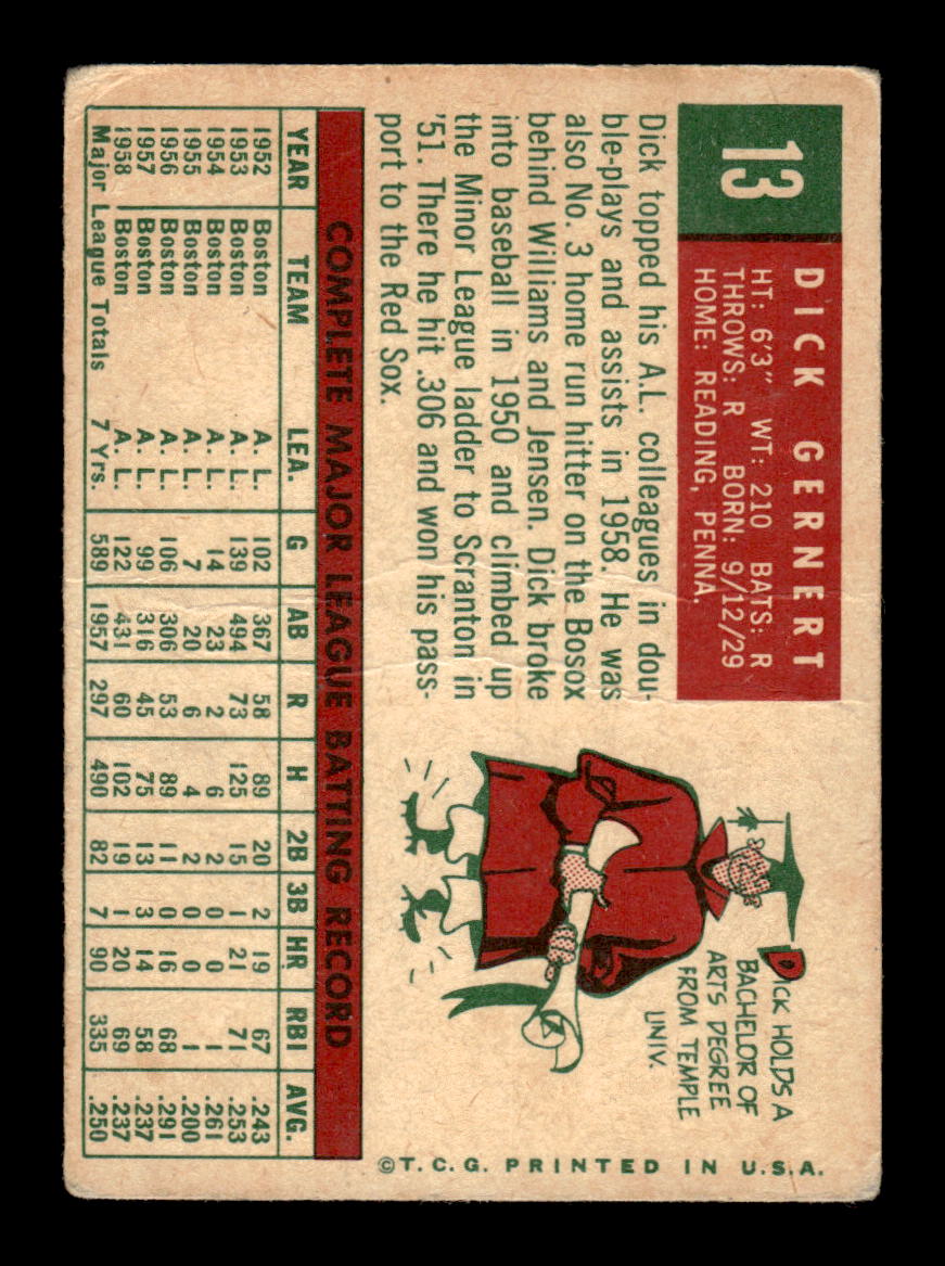 1959 Topps #13 Dick Gernert Boston Red Sox SIGNED ON CARD CS26017646