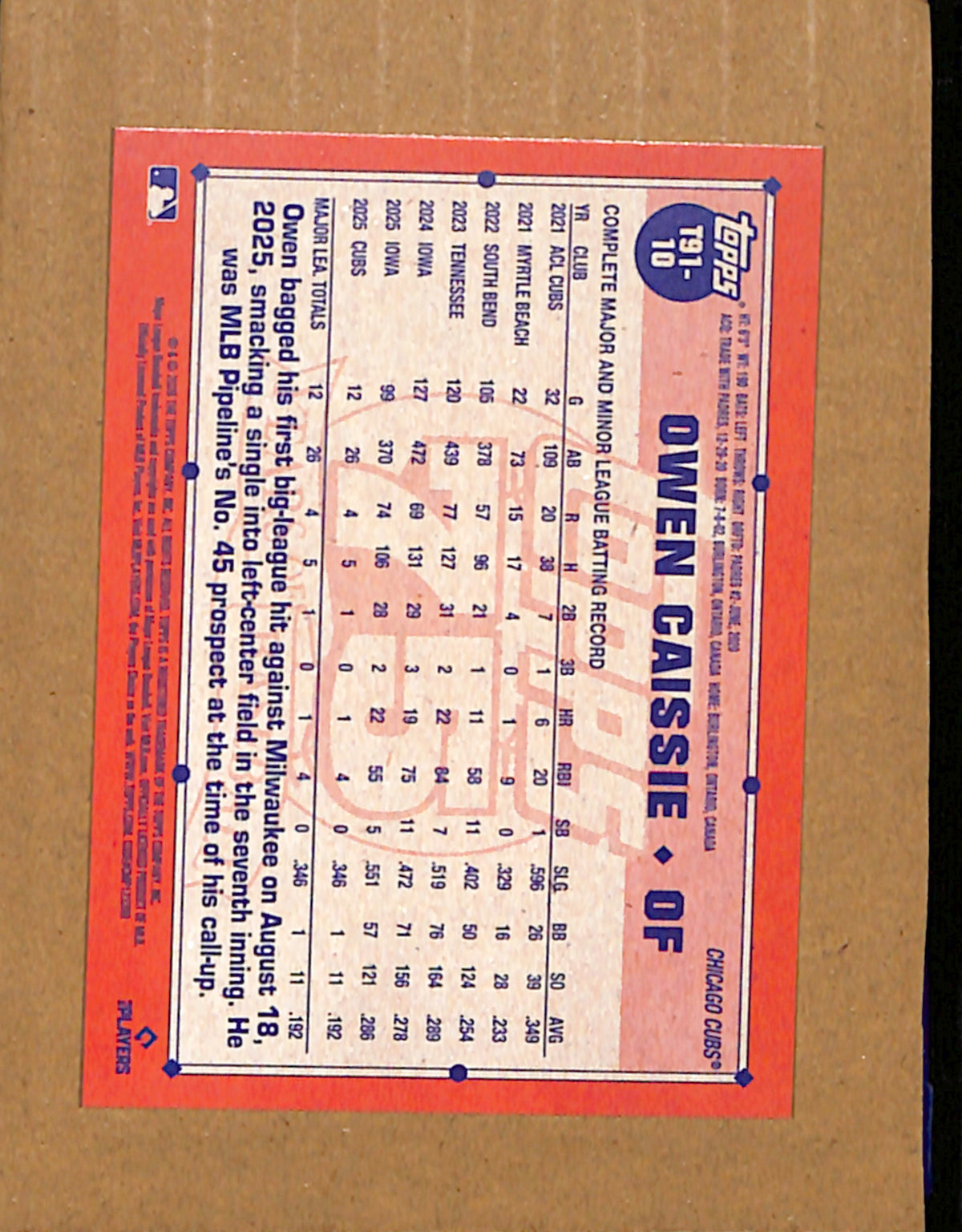2026 Topps #T91-10 Owen Caissie Chicago Cubs NMT CS26017782