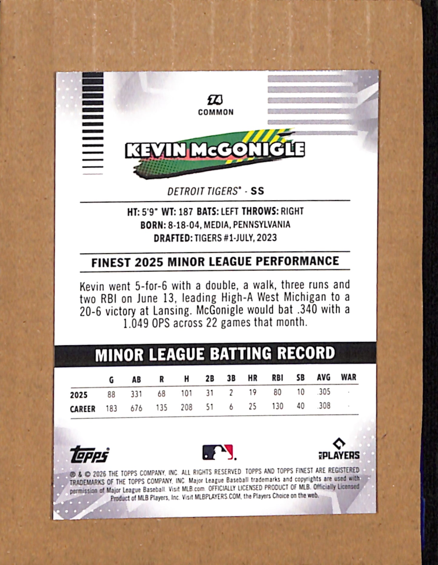 2026 Finest #74 Kevin McGonigle Detroit Tigers NMT CS26017783