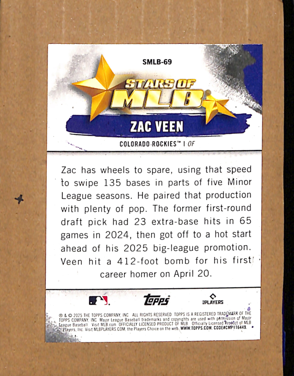 2025 Topps Update #SMLB-69 Zac Veen Colorado Rockies NMT CS26017791