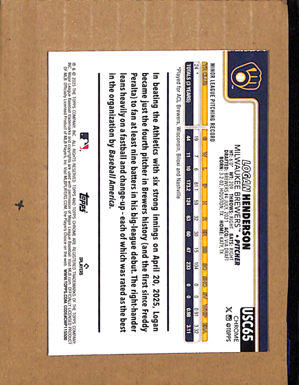 2025 Topps Chrome Update #USC65 Logan Henderson Milwaukee Brewers NMT CS26017795