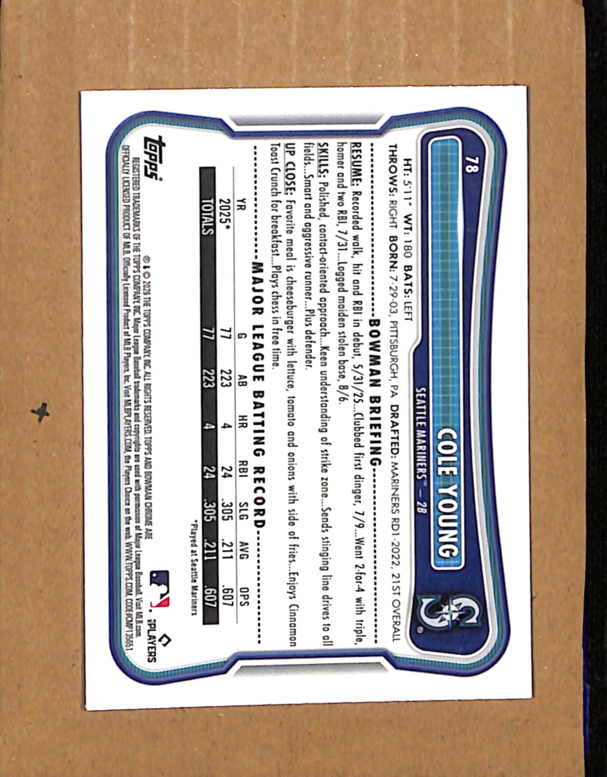 2026 Bowman #78 Cole Young Seattle Mariners NMT CS26017802