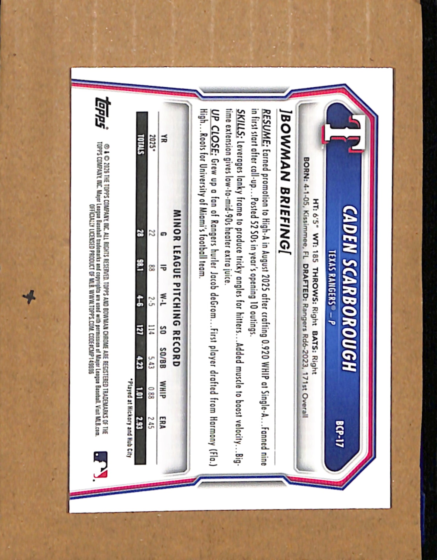 2026 Bowman #BCP-17 Caden Scarborough Texas Rangers NMT CS26017803