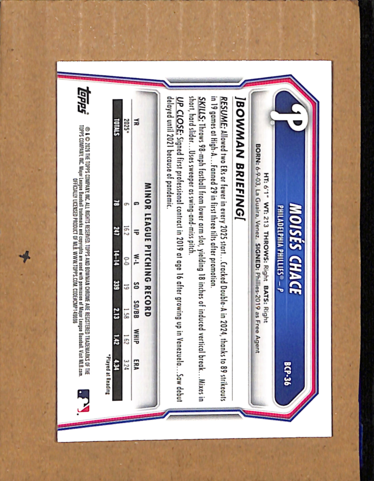 2026 Bowman #BCP-36 Moisés Chace Philadelphia Phillies NMT CS26017804