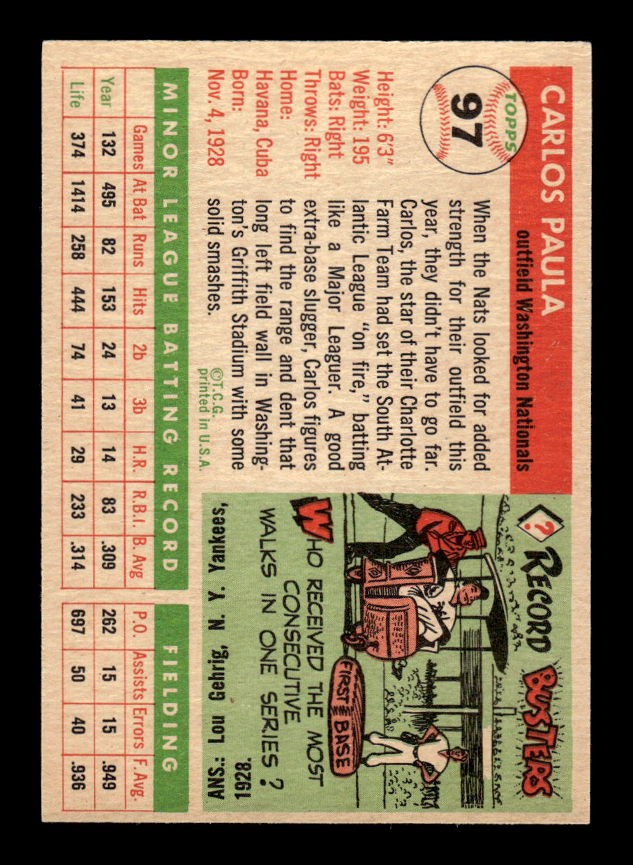 1955 Topps #97 Carlos Paula Washington Senators VG CS26017812