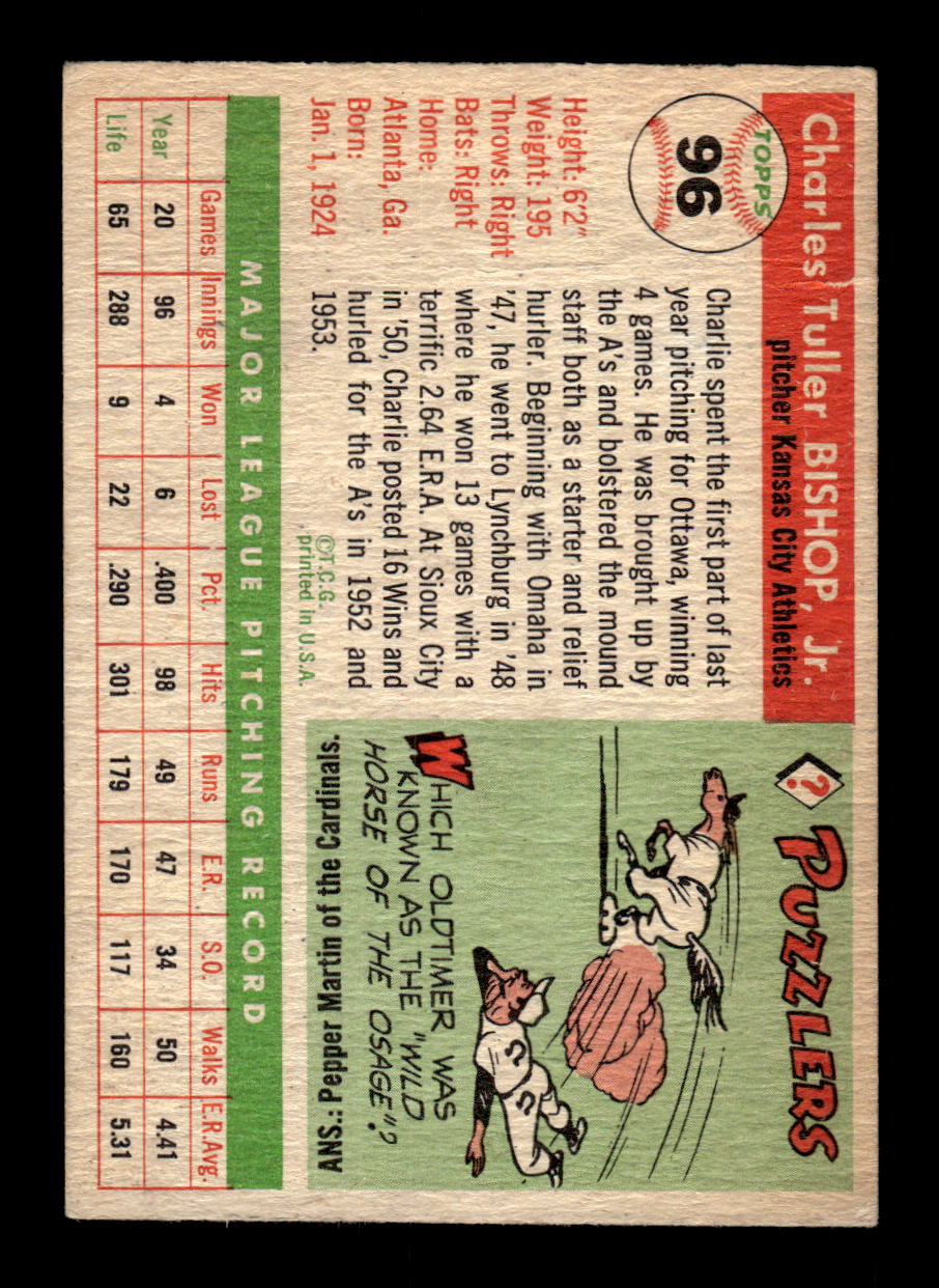 1955 Topps #96 Charlie Bishop Kansas City Athletics VG CS26017820