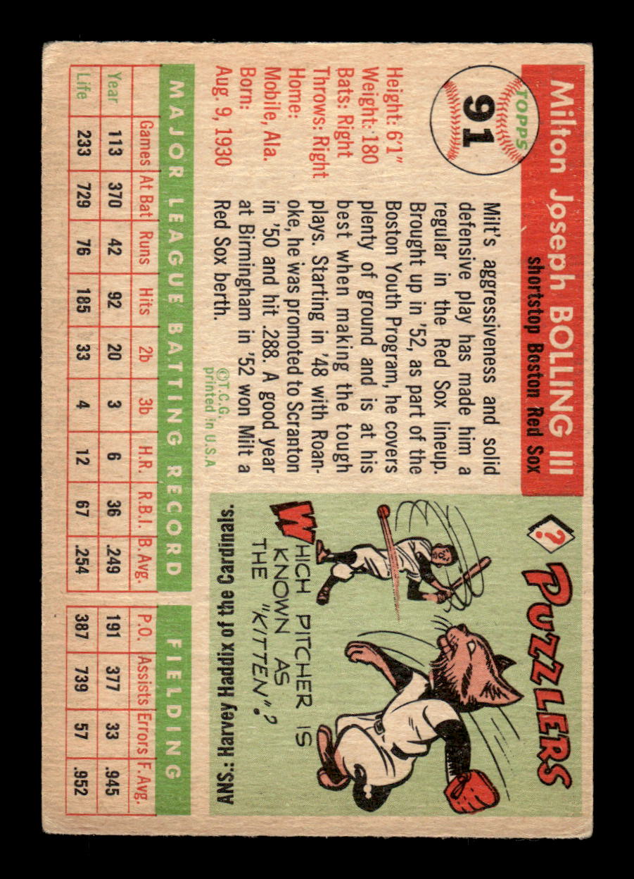 1955 Topps #91 Milt Bolling Boston Red Sox VG CS26017830