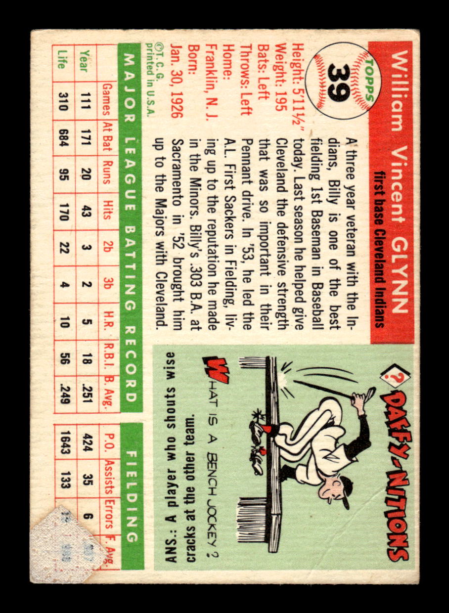 1955 Topps #39 Bill Glynn Cleveland Indians VG CS26017851