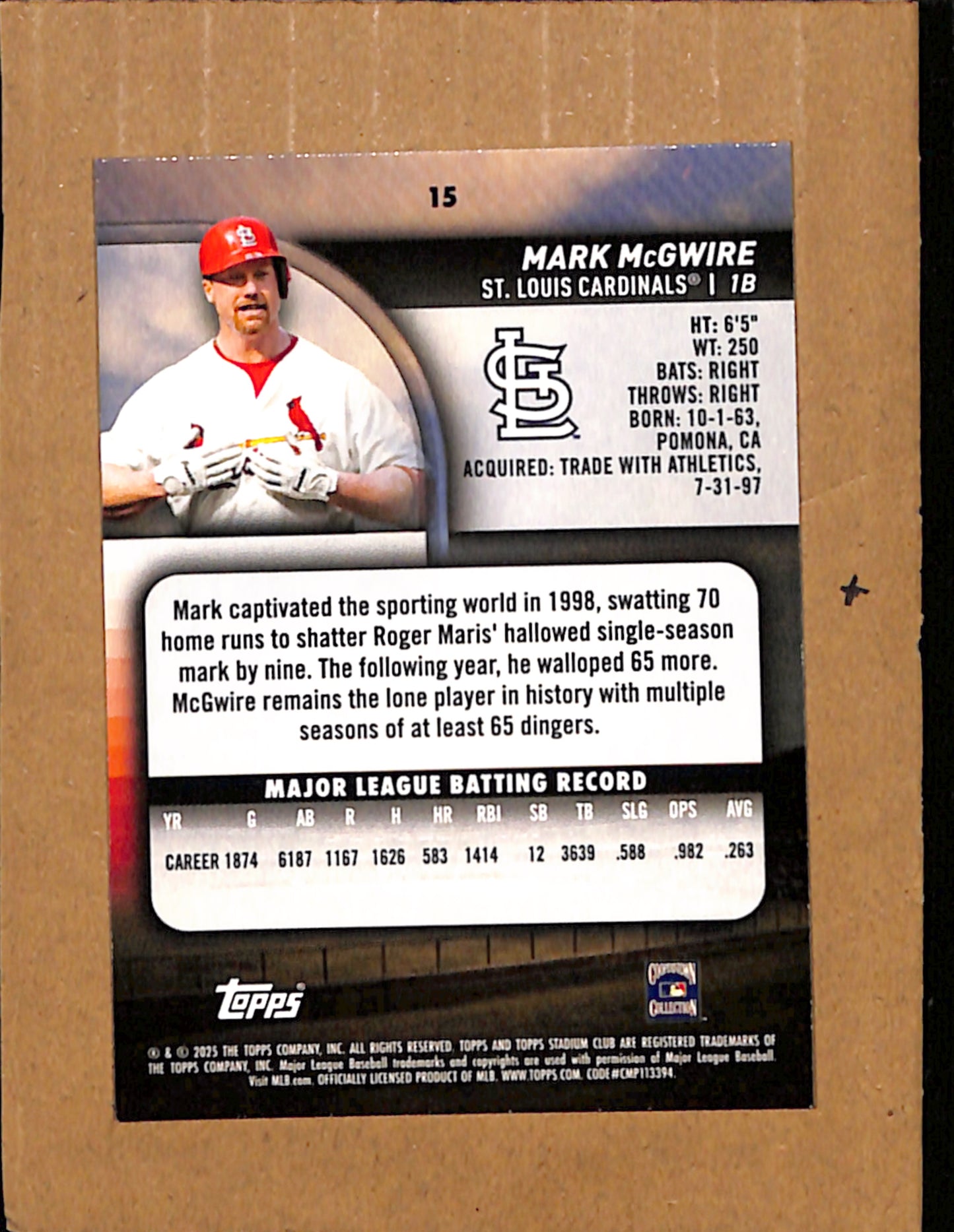 2025 Stadium Club #15 Mark McGwire St. Louis Cardinals NMT CS26017903