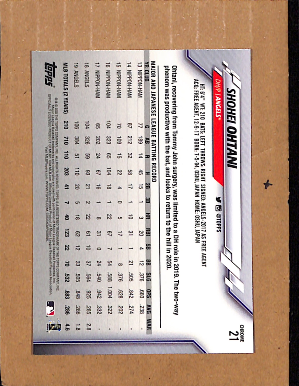 2020 Topps Chrome #21 Shohei Ohtani Los Angeles Angels NMT CS26017908