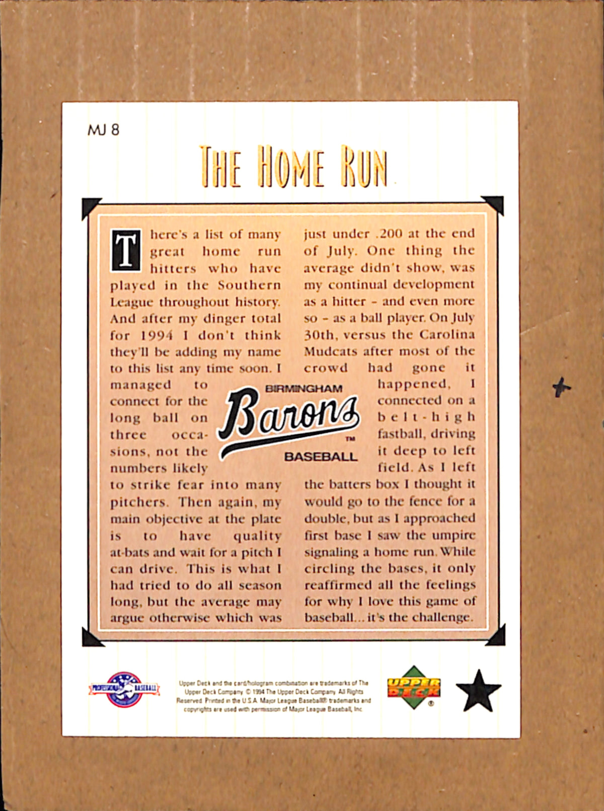 1995 Upper Deck Minor League #MJ8 The Home Run Birmingham Barons NMT CS26017909