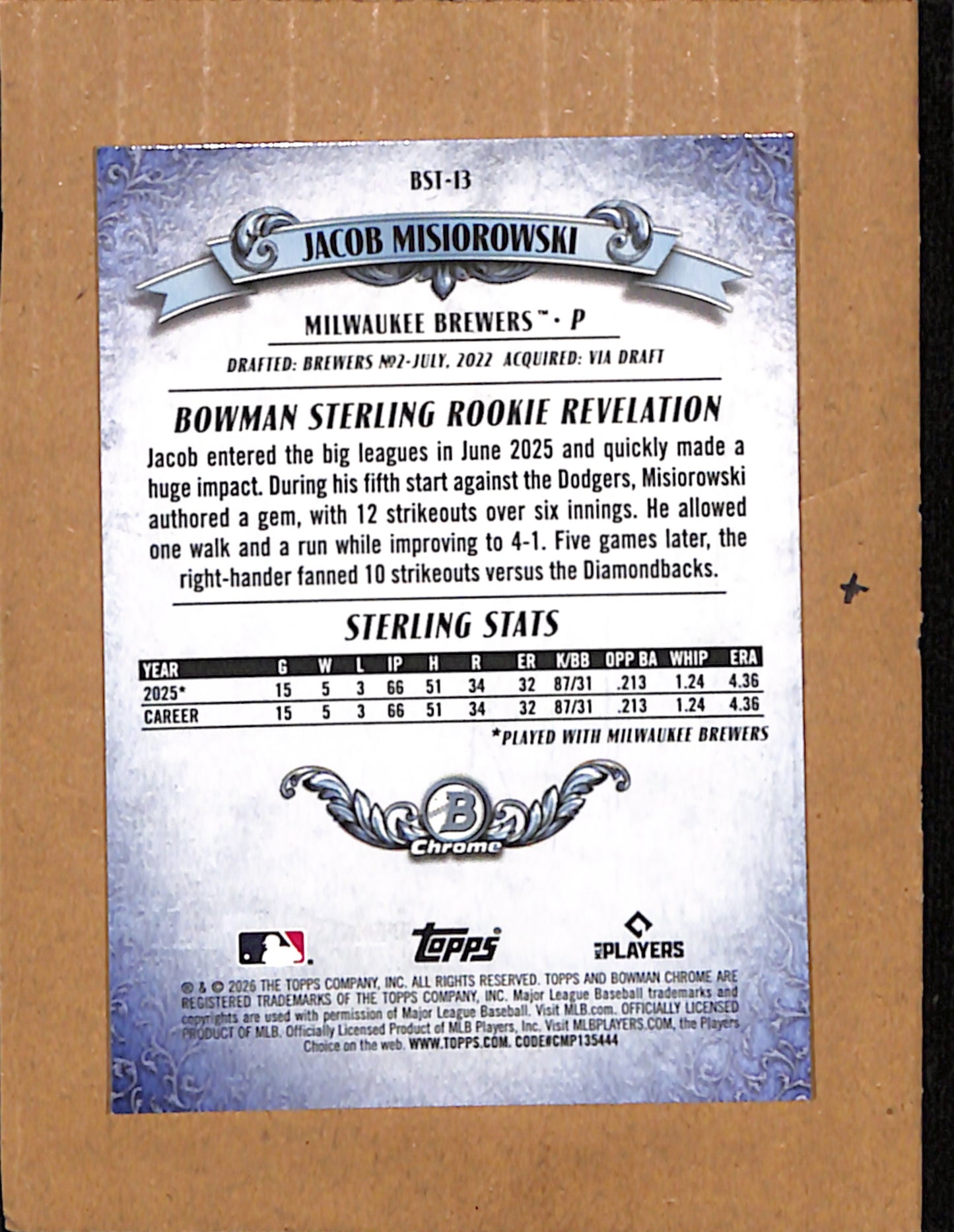 2026 Bowman #BST-13 Jacob Misiorowski Milwaukee Brewers NMT CS26017931
