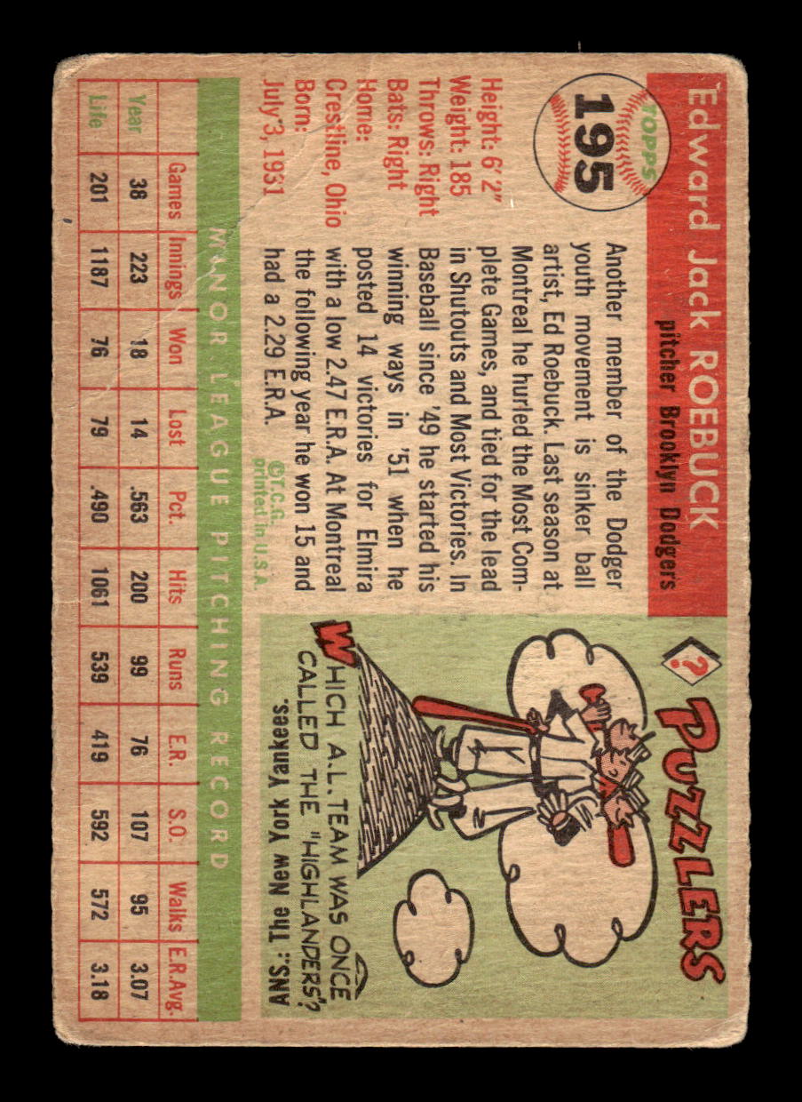 1955 Topps #195 Ed Roebuck Brooklyn Dodgers VG CS26017950