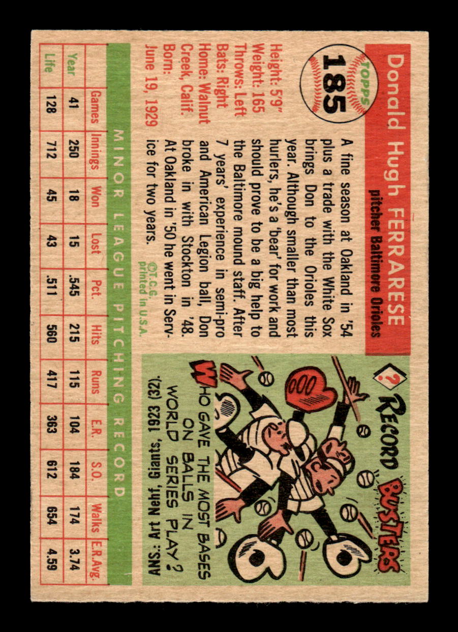 1955 Topps #185 Don Ferrarese Baltimore Orioles VG CS26017954
