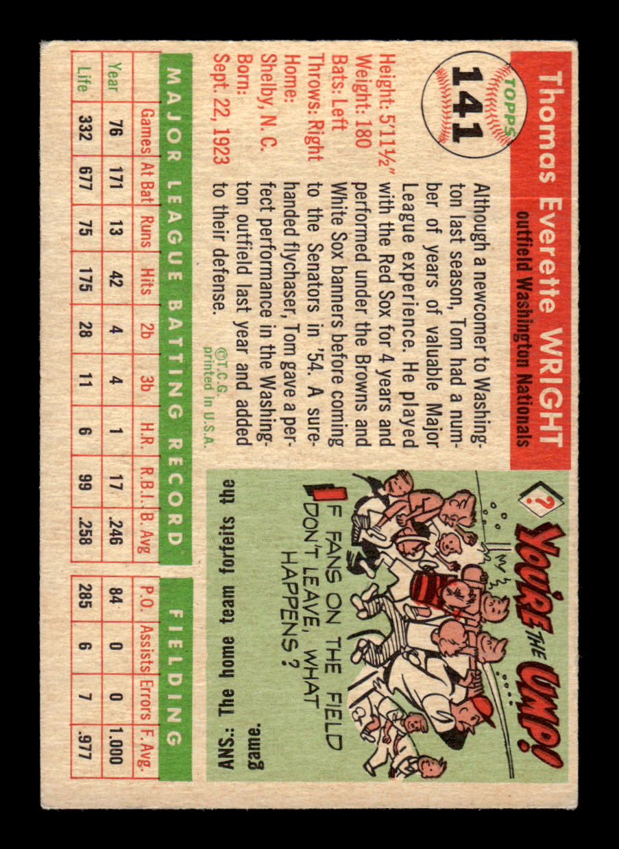 1955 Topps #141 Tom Wright Washington Senators VG CS26018011