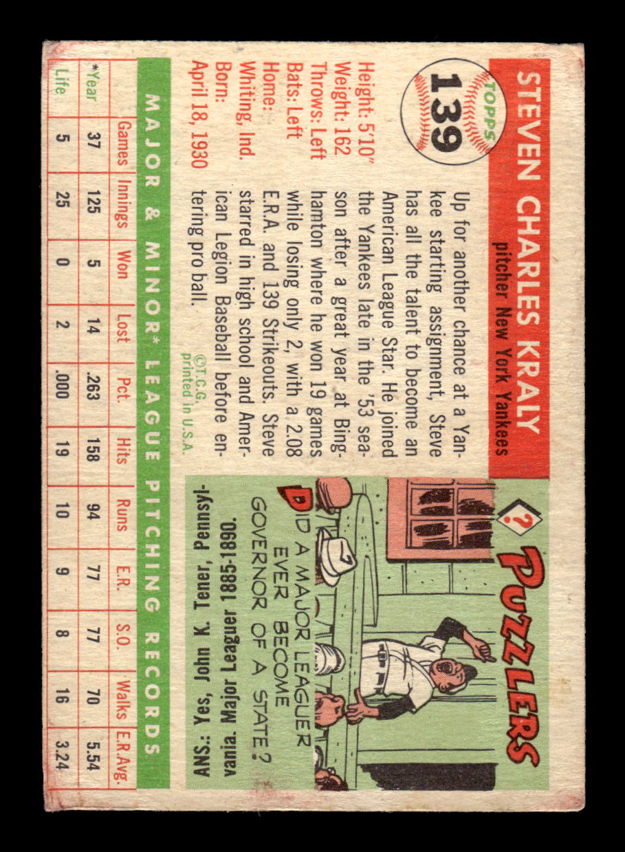 1955 Topps #139 Steve Kraly New York Yankees VG CS26018015