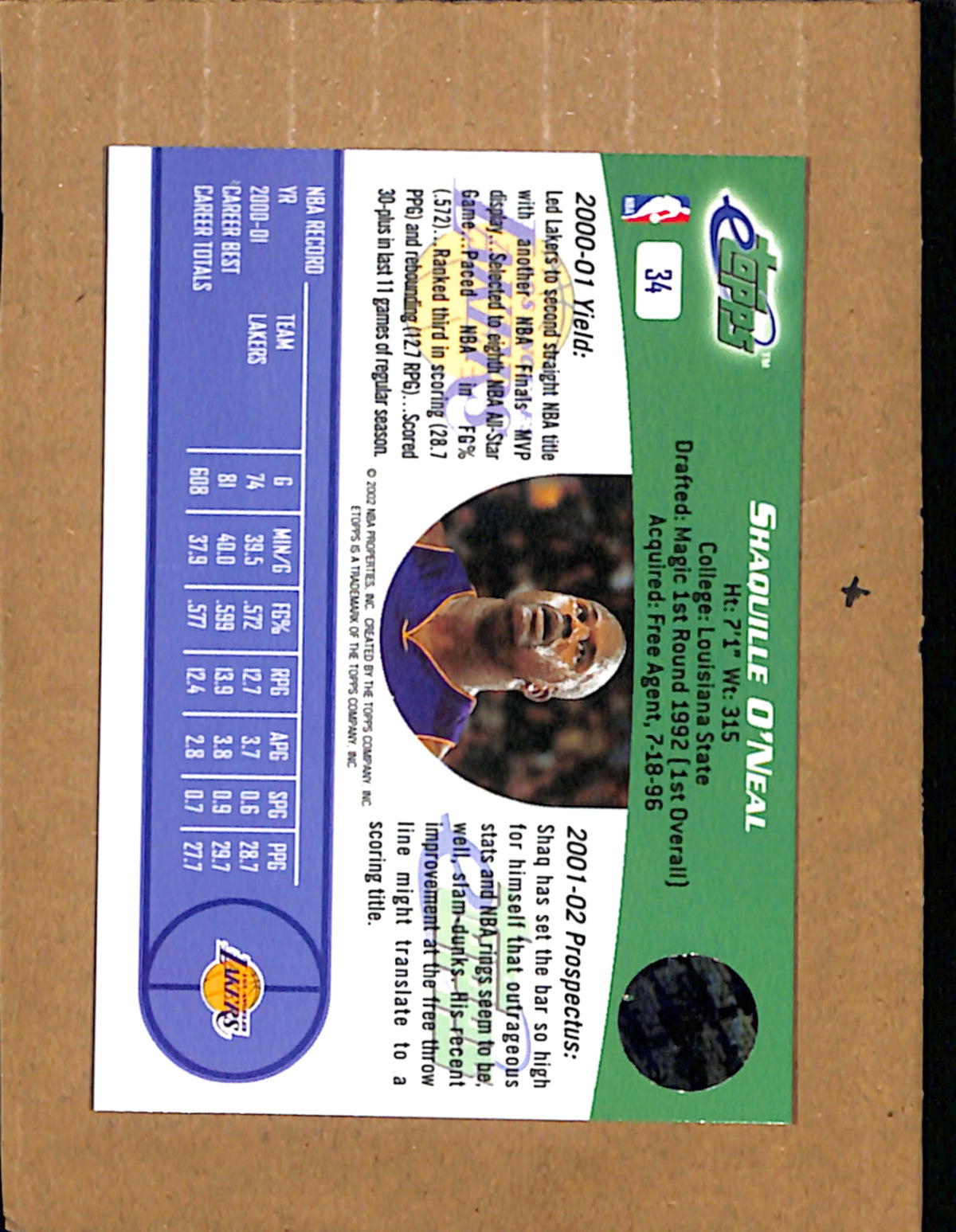 2001 eTopps #34 Shaquille O'Neal Print Run 2270 SP NMT CS26018314