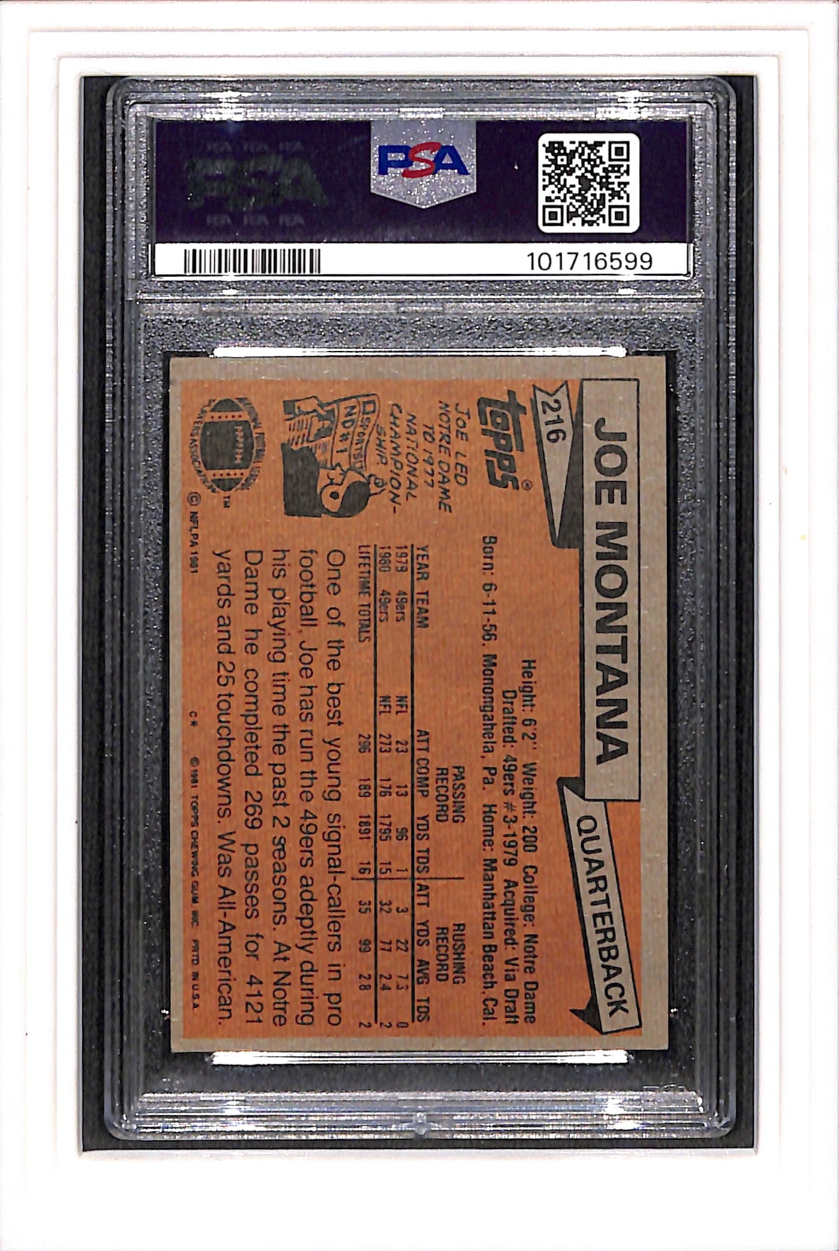 1981 Topps #216 Joe Montana PSA 5 SN 101716599