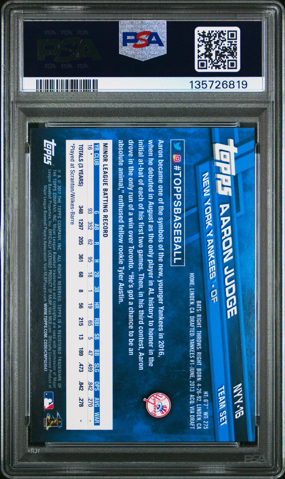 2017 Topps Aaron Judge NYY-16 New York Yankees PSA 9 SN 135726819