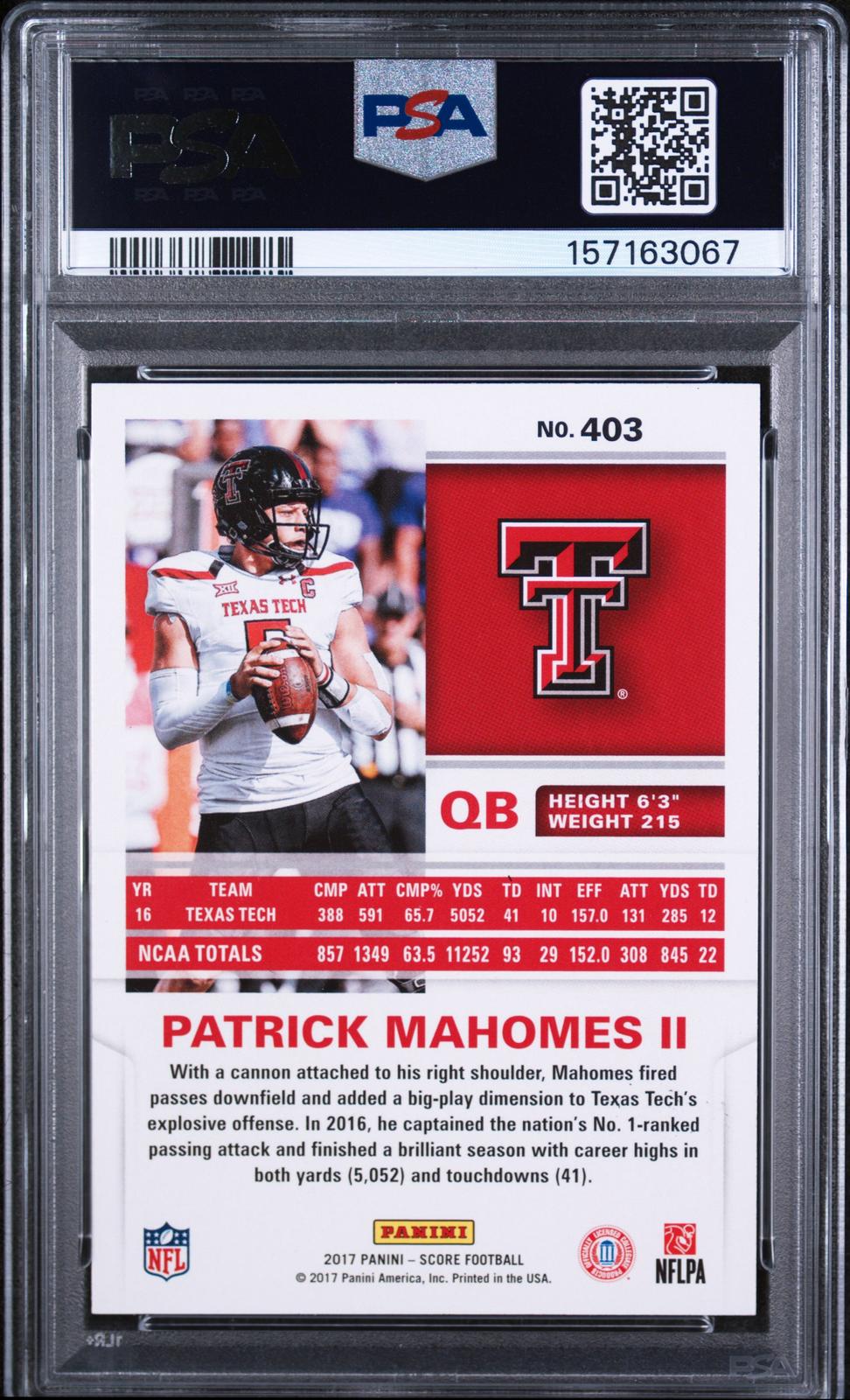 2017 Panini Score #403 Patrick Mahomes Ii PSA 10 SN 157163067