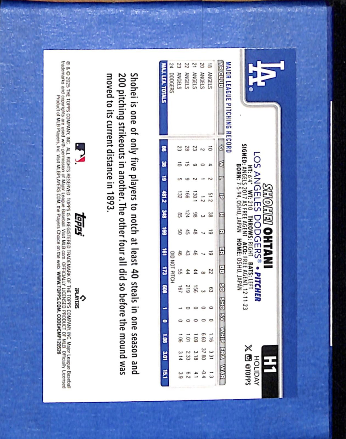 2025 Topps Holiday #H1 Shohei Ohtani Dodgers NMT CS26018675
