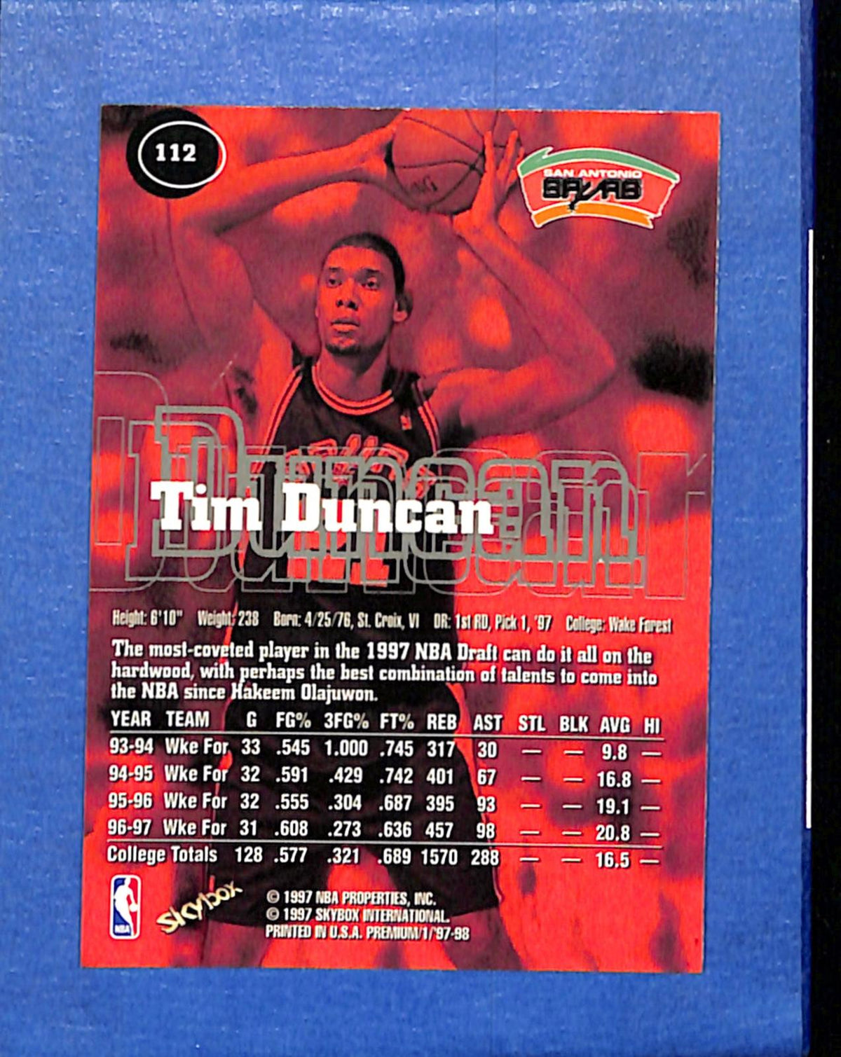 1997-98 SkyBox Premium #112 Tim Duncan Spurs NMT CS26018693