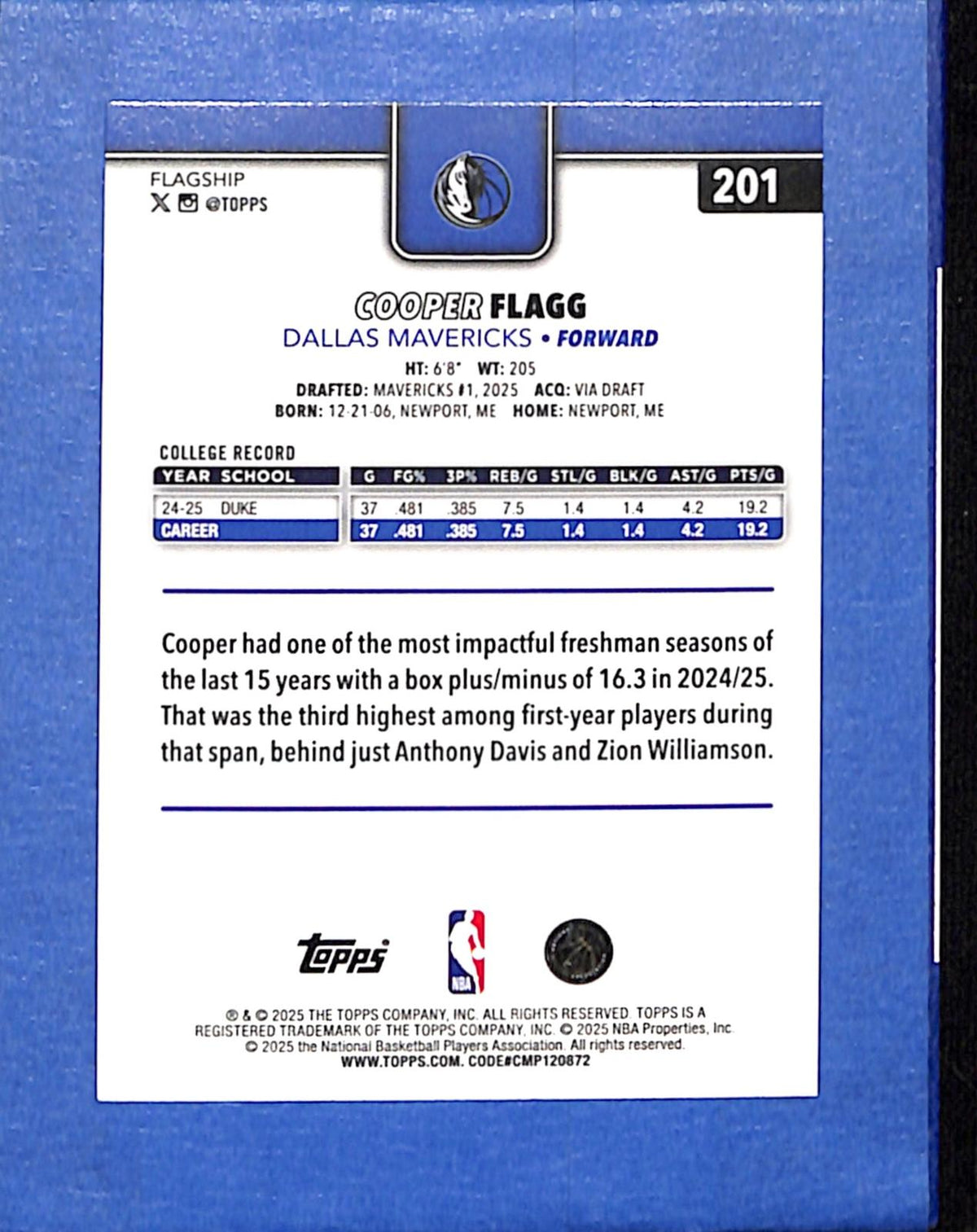 2025-26 Topps #201 Cooper Flagg Mavericks NMT CS26018696