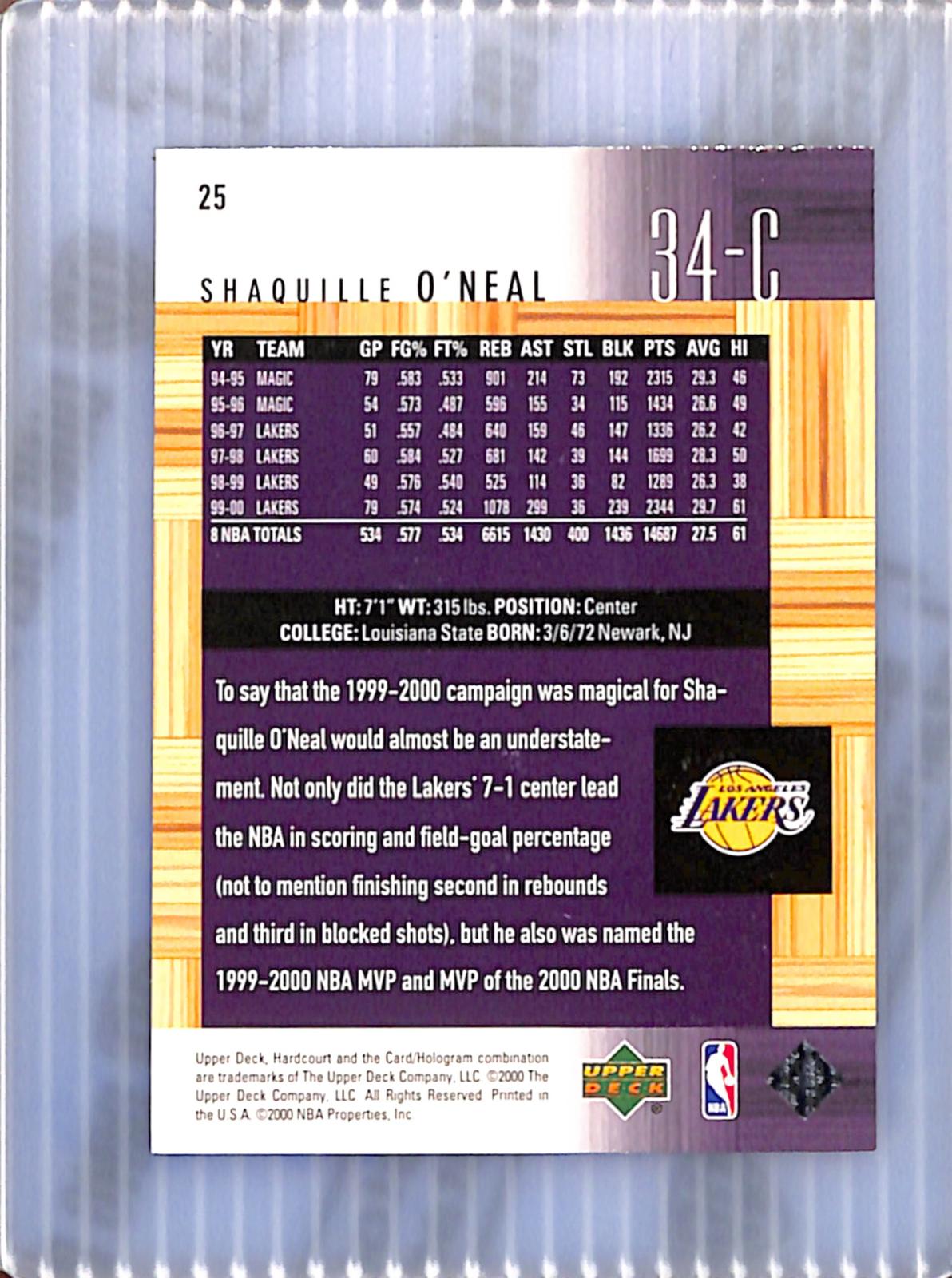 2000-01 Upper Deck Hardcourt #25 Shaquille O'Neal Lakers NMT CS26018728