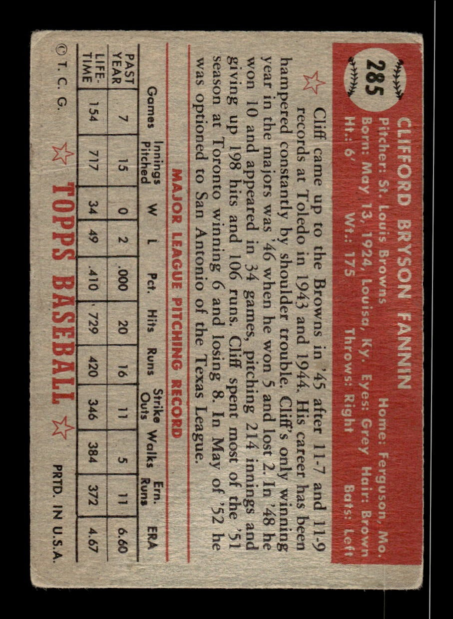 1952 Topps #285 Cliff Fannin Browns LOW GRADE CS26018745