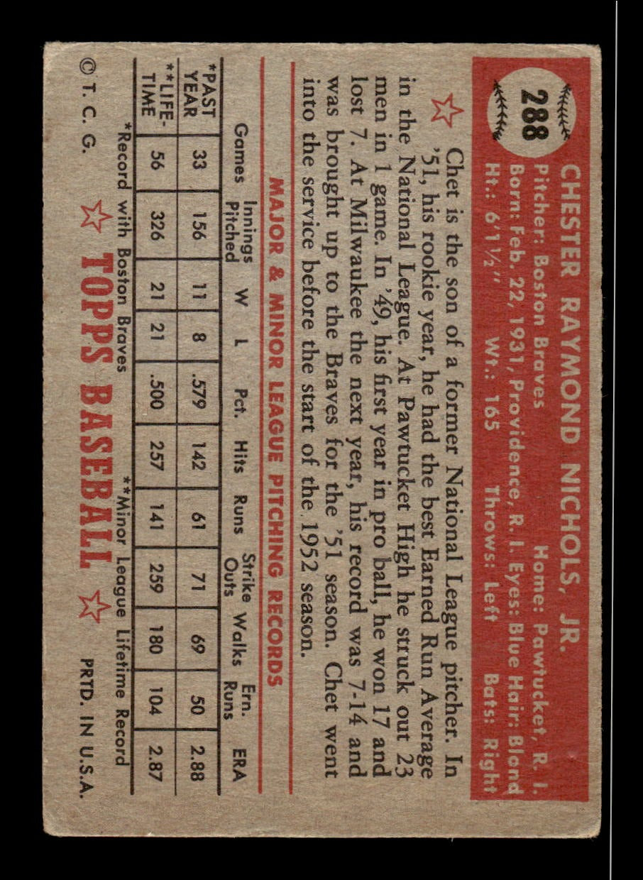 1952 Topps #288 Chet Nichols Braves LOW GRADE CS26018748