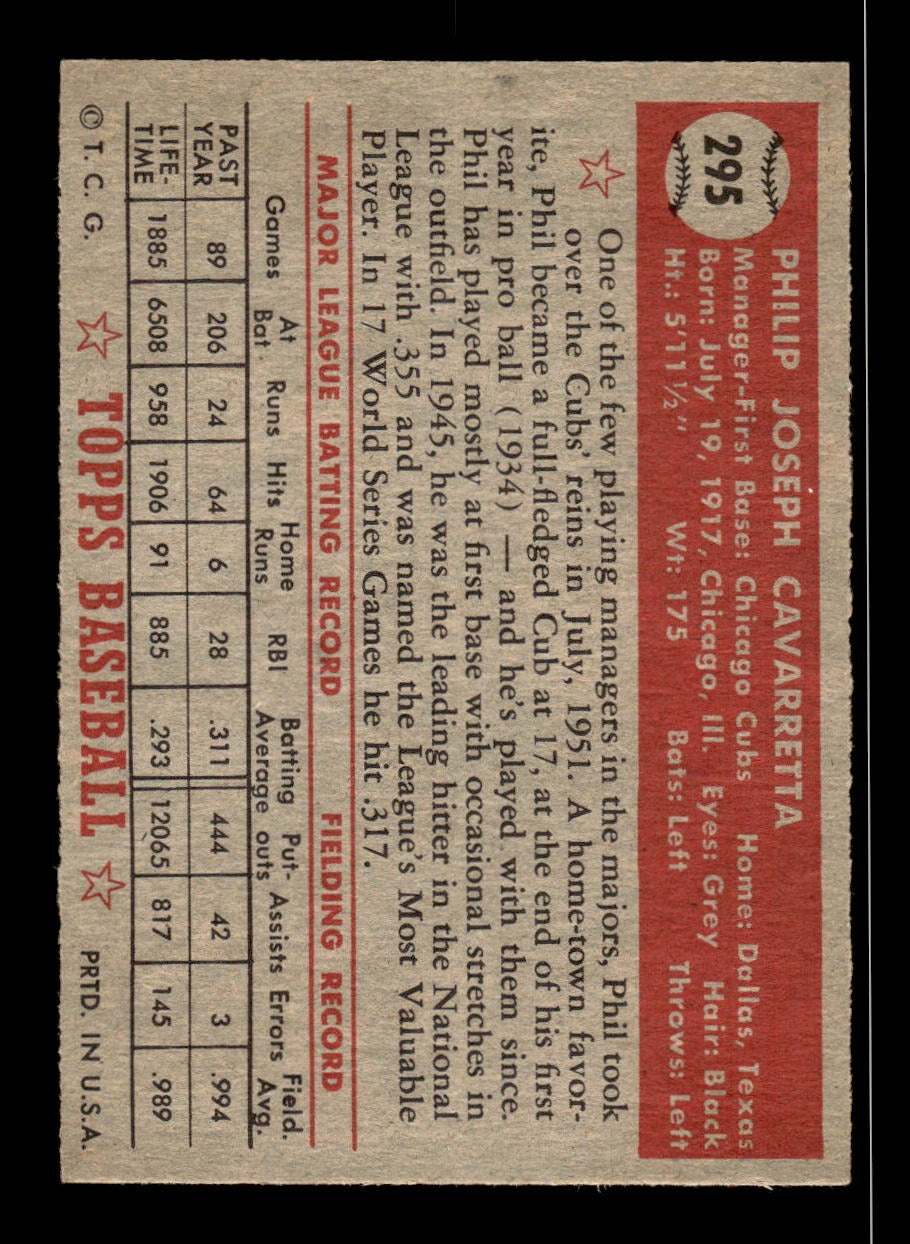 1952 Topps #295 Phil Cavarretta Cubs VGEX CS26018750