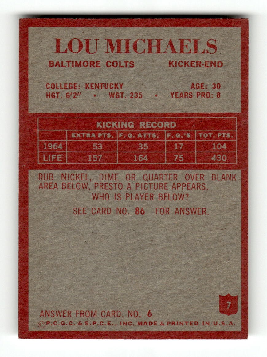 1965 Philadelphia #7 Lou Michaels Colts VGEX CS26018886