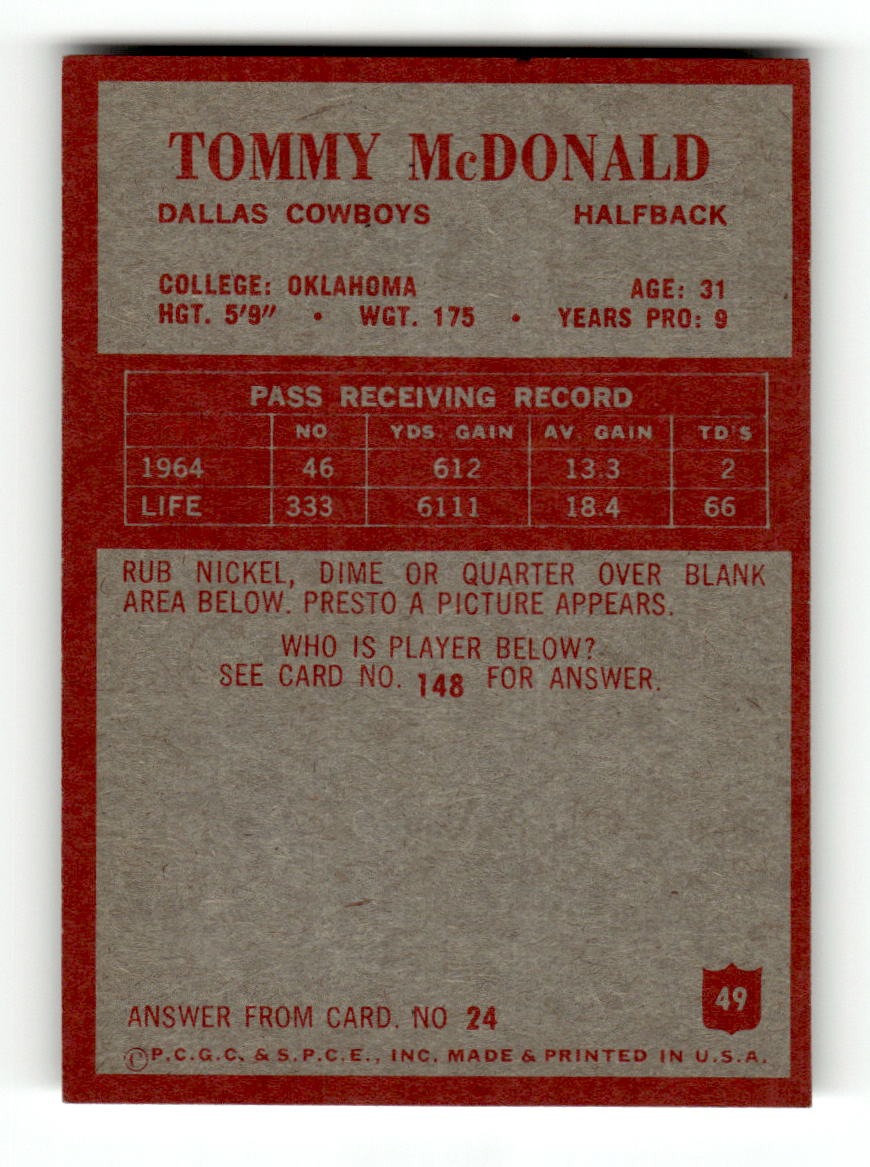 1965 Philadelphia #49 Tommy McDonald Cowboys VGEX CS26018896