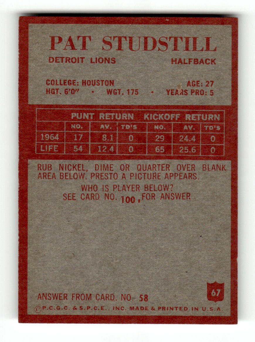 1965 Philadelphia #67 Pat Studstill Lions VGEX CS26018899