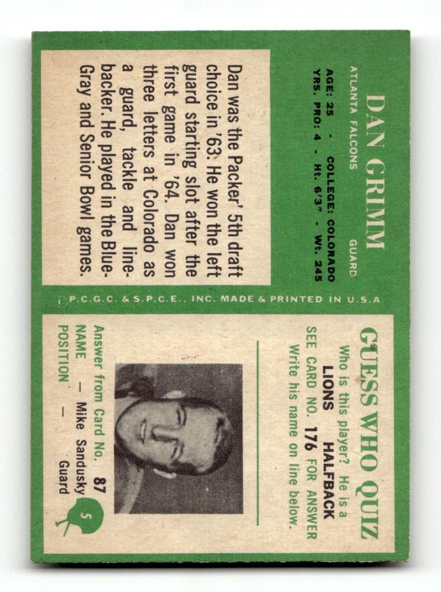 1966 Philadelphia #5 Dan Grimm Falcons VGEX CS26018909