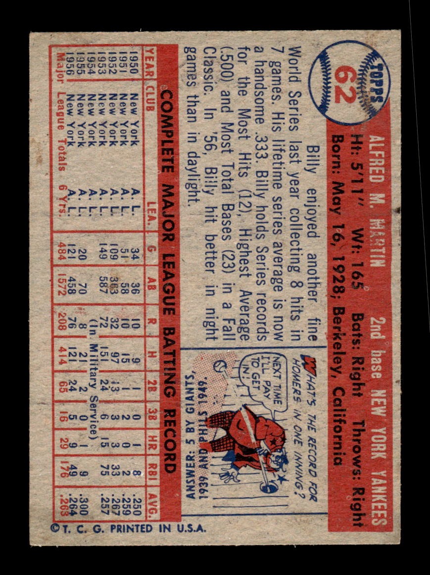 1957 Topps #62 Billy Martin Yankees VGEX CS26018933