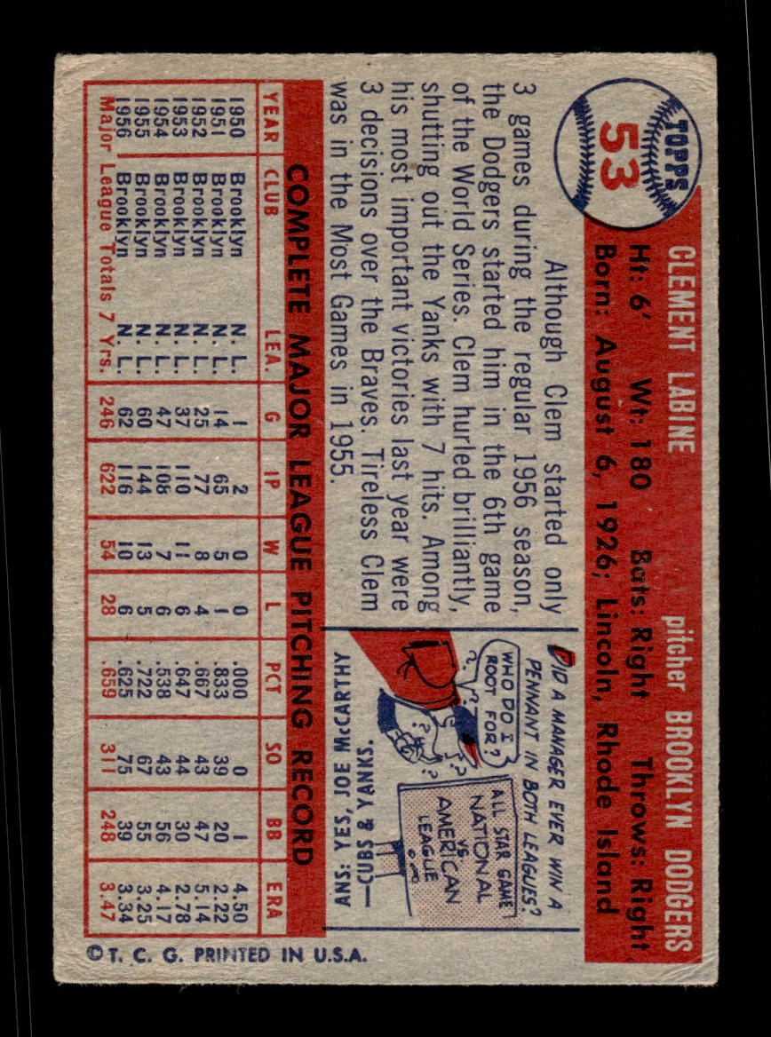 1957 Topps #53 Clem Labine Dodgers VGEX CS26018940
