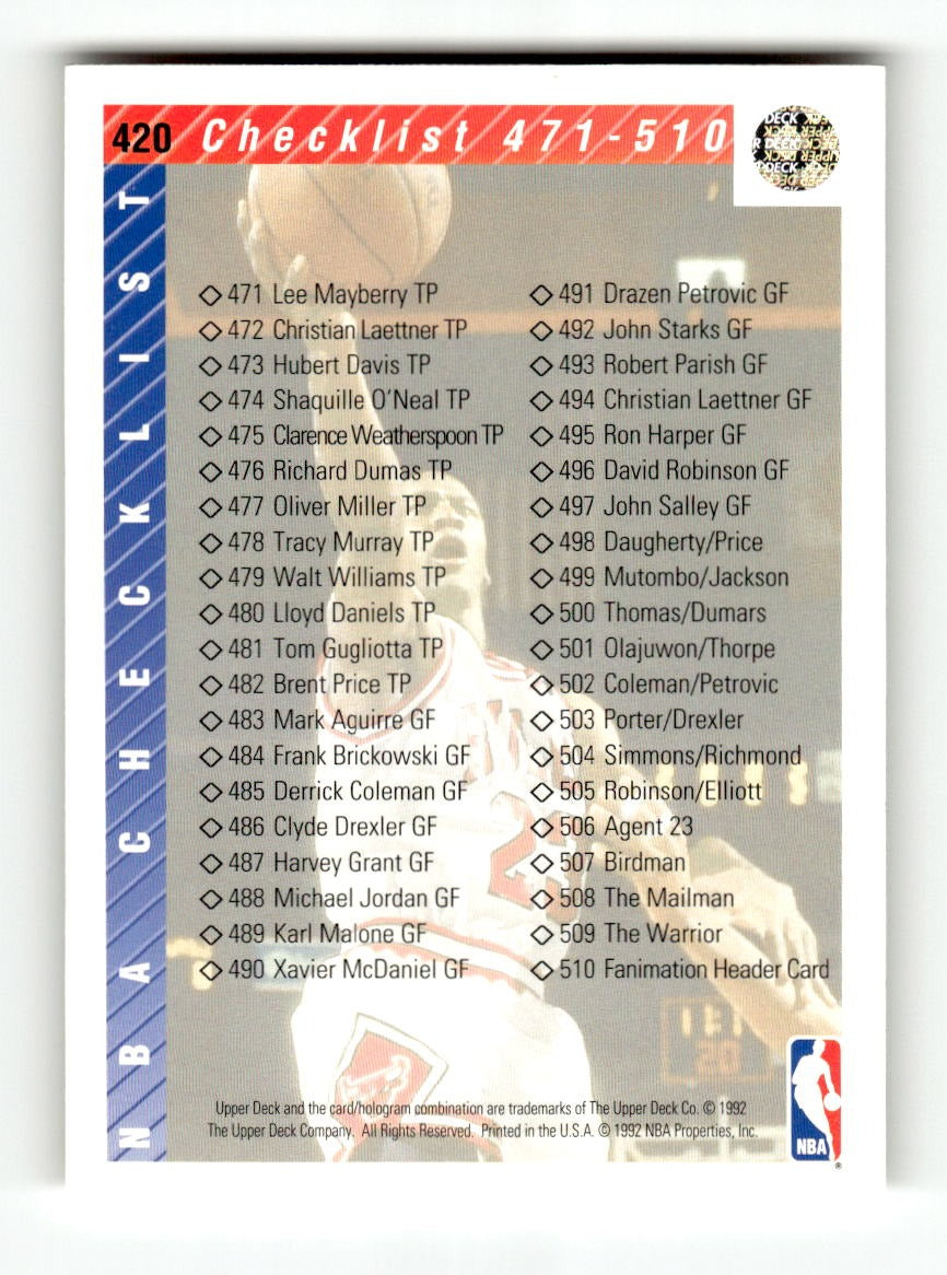 1992-93 Upper Deck #420 Checklist: 421-510 EXMT CS26019115