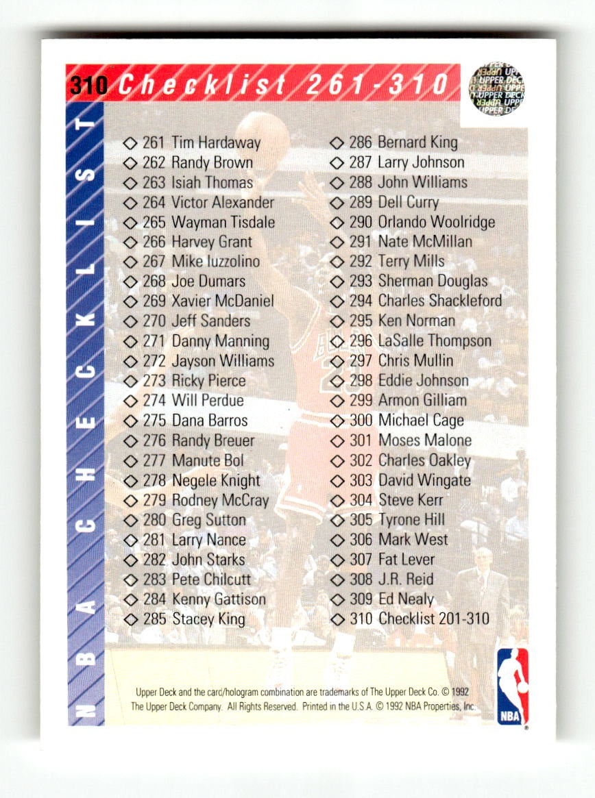 1992-93 Upper Deck #310 Checklist: 201-310 EXMT CS26019182