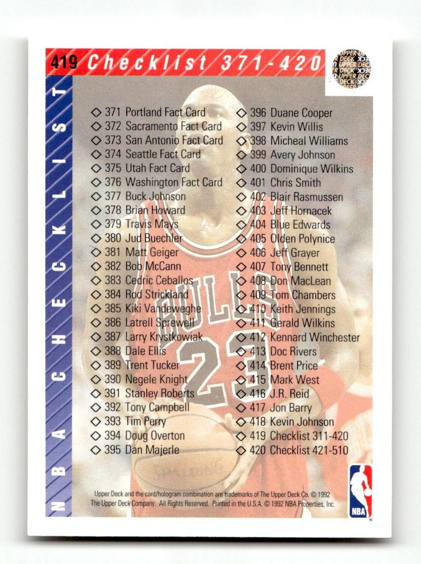 1992-93 Upper Deck #419 Checklist: 311-420 EXMT CS26019196
