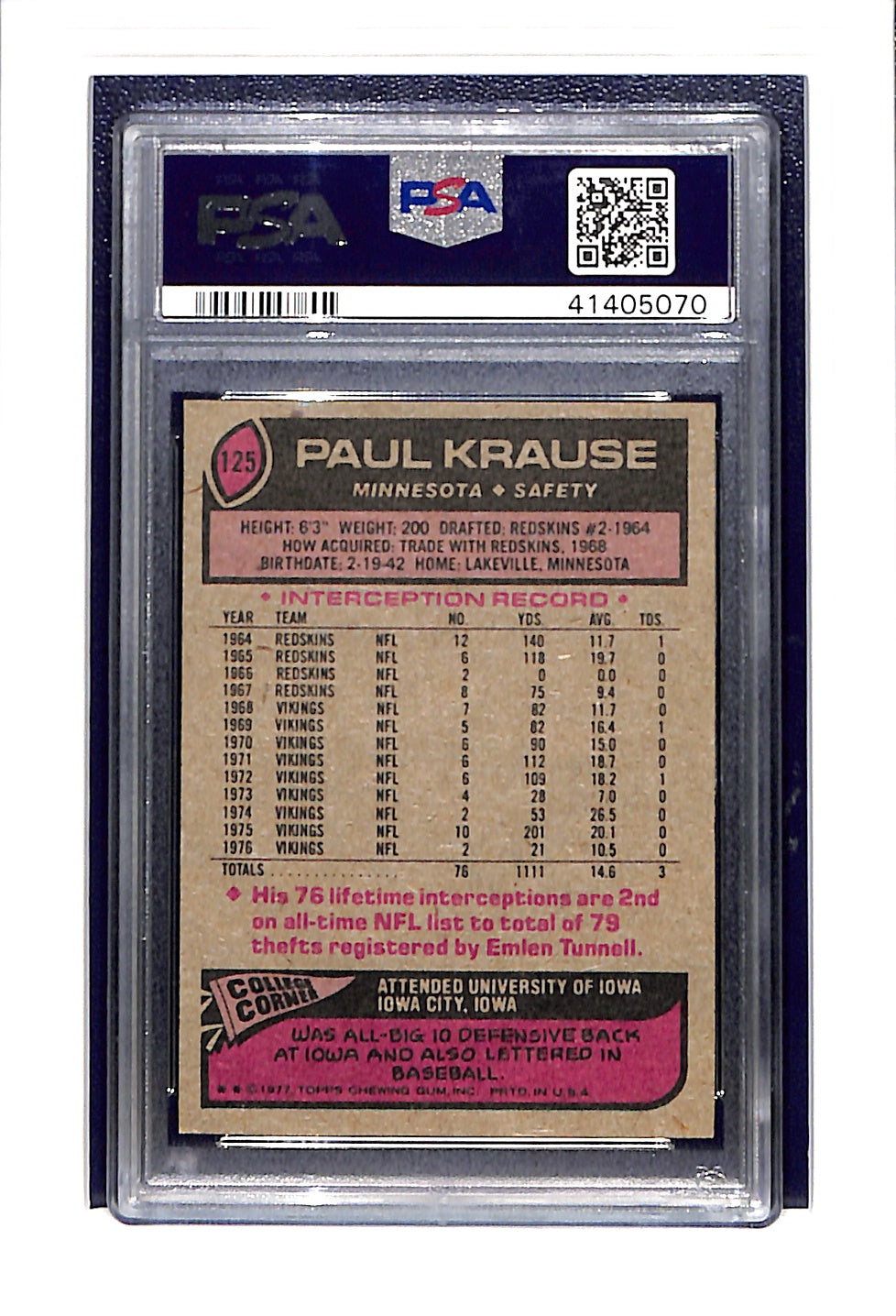1977 Topps #125 Paul Krause VIKINGS HOF PSA 7
