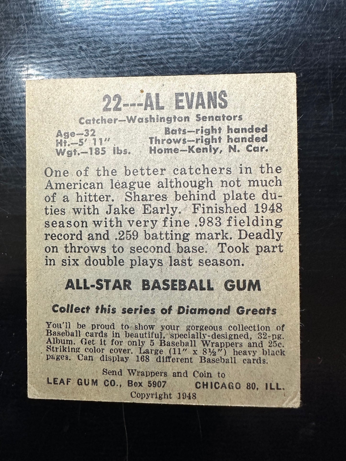 1948 Leaf #22 Al Evans VG