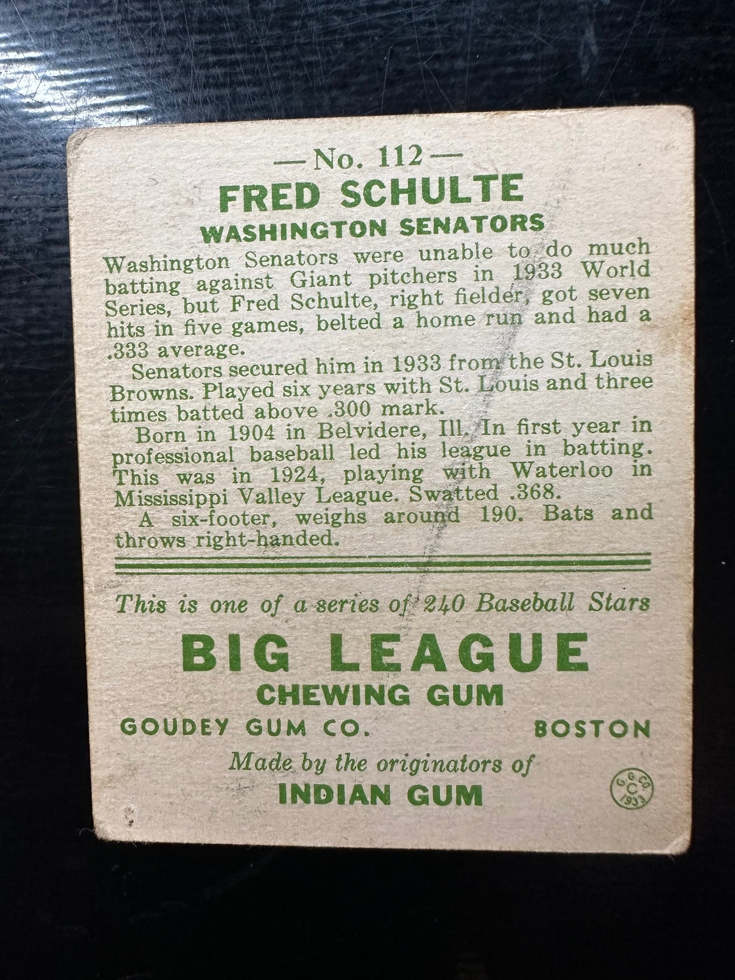 1933 Goudey #112 Fred Schulte VG
