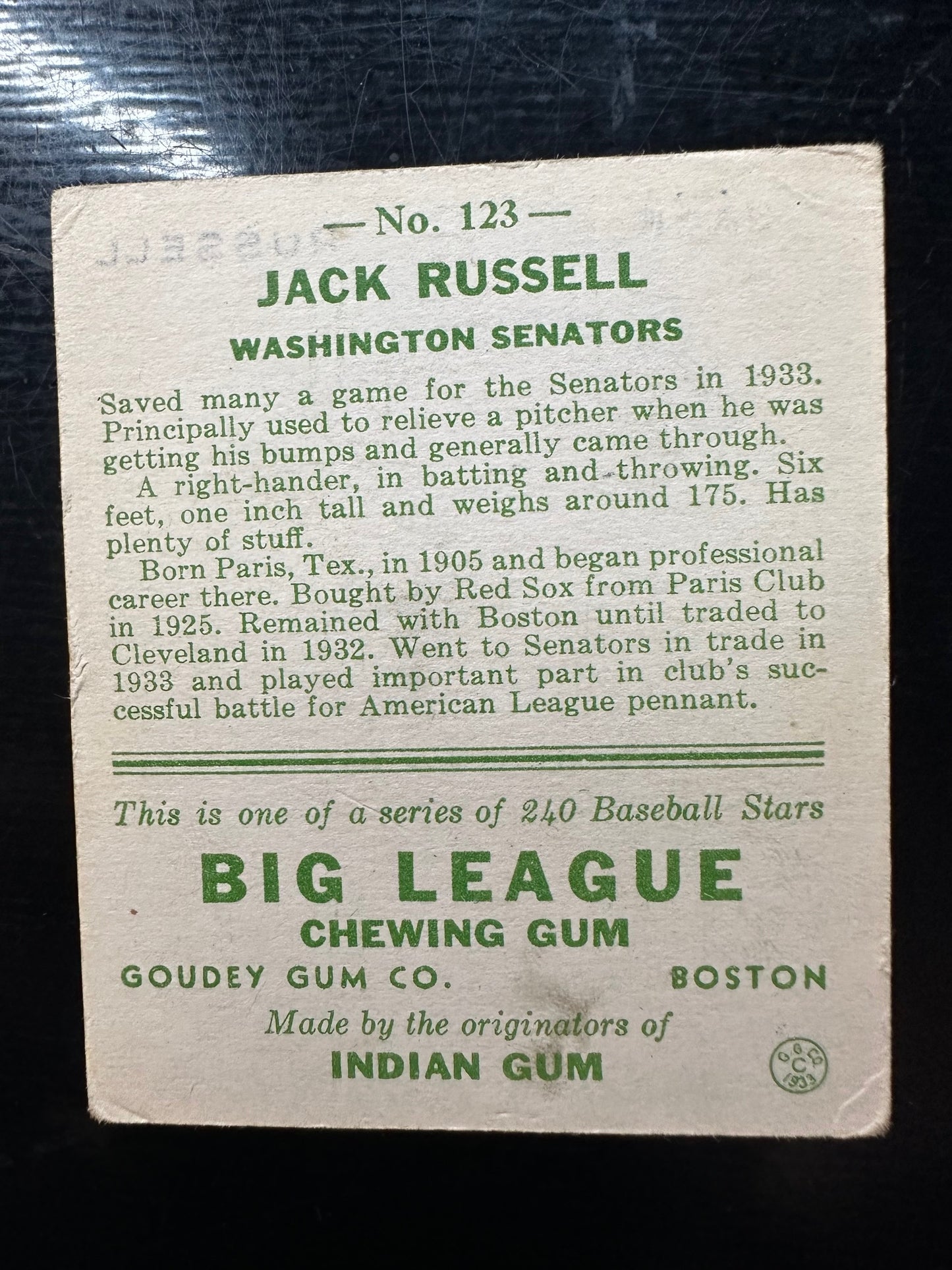 1933 Goudey #123 Jack Russell G/VG