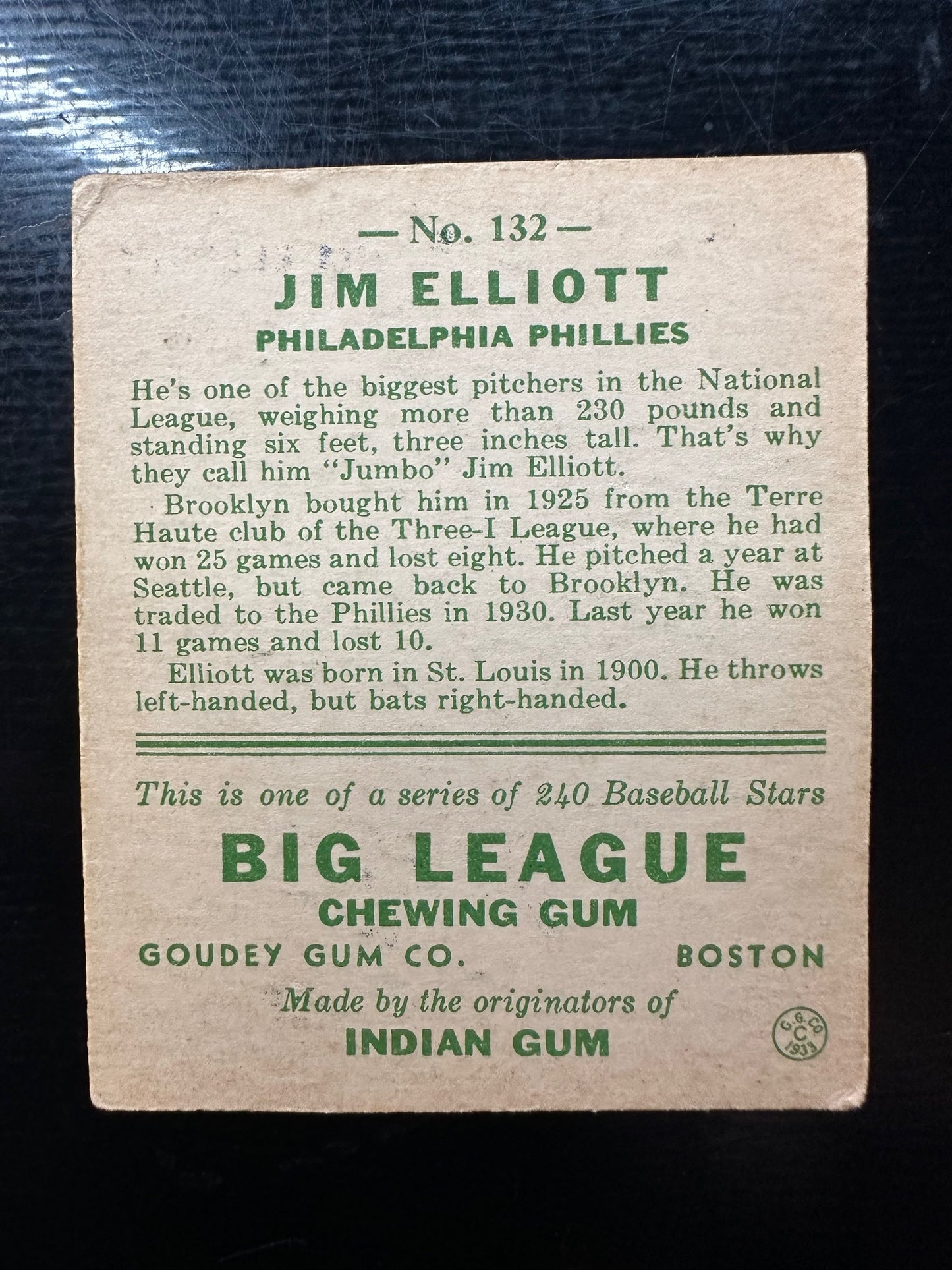 1933 Goudey #132 Jim Elliott VG